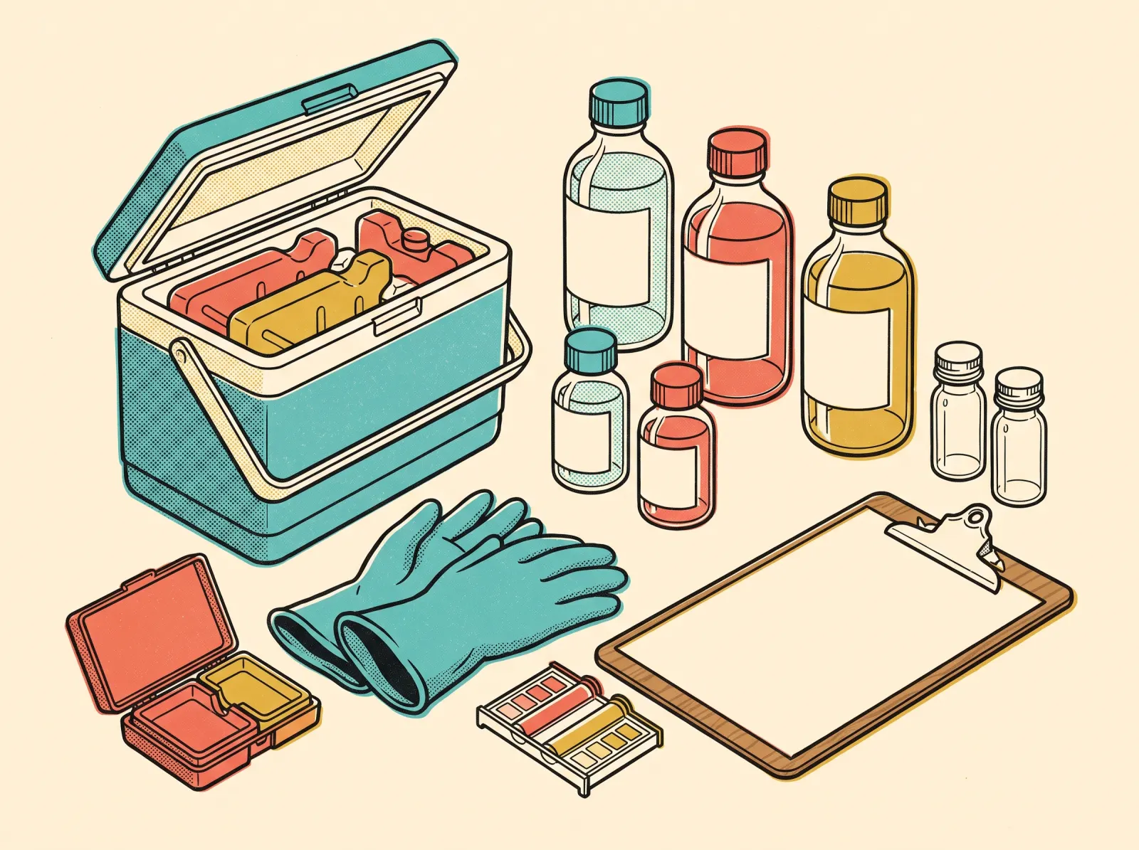 Drawing of a water sampling kit laid out on a table: a small cooler with ice packs, laboratory sample bottles with blank labels and coloured caps, two small glass vials, rubber gloves, a chlorine test kit and a clipboard with a blank form.