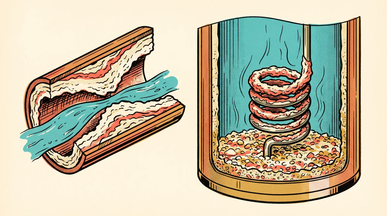 Two cutaway drawings. On the left, a copper pipe whose inside is lined with thick, chalky mineral scale, leaving only a narrow channel for the water. On the right, the inside of a water heater, with scale crusted on the heating element and loose scale lying on the bottom of the tank.