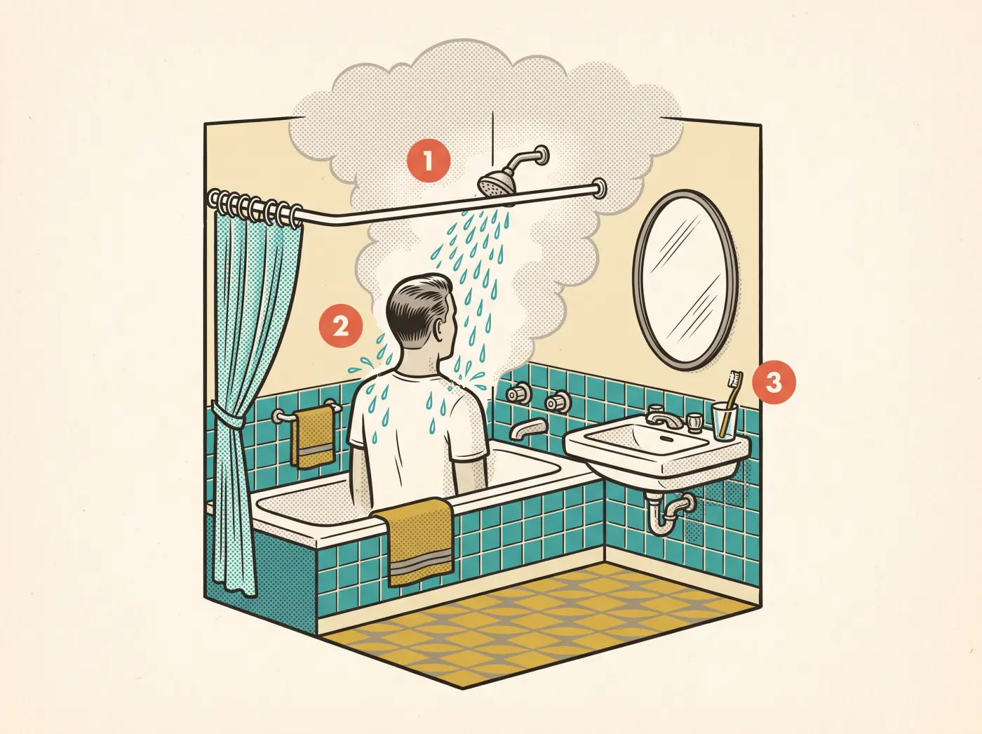Drawing of a small 1960s-style bathroom with turquoise tile. A man stands under a running shower with steam filling the upper part of the room. A washbasin beside the bath holds a toothbrush in a glass. Three numbered markers: 1 in the steam, 2 at the man's shoulder where the water lands, 3 beside the toothbrush.