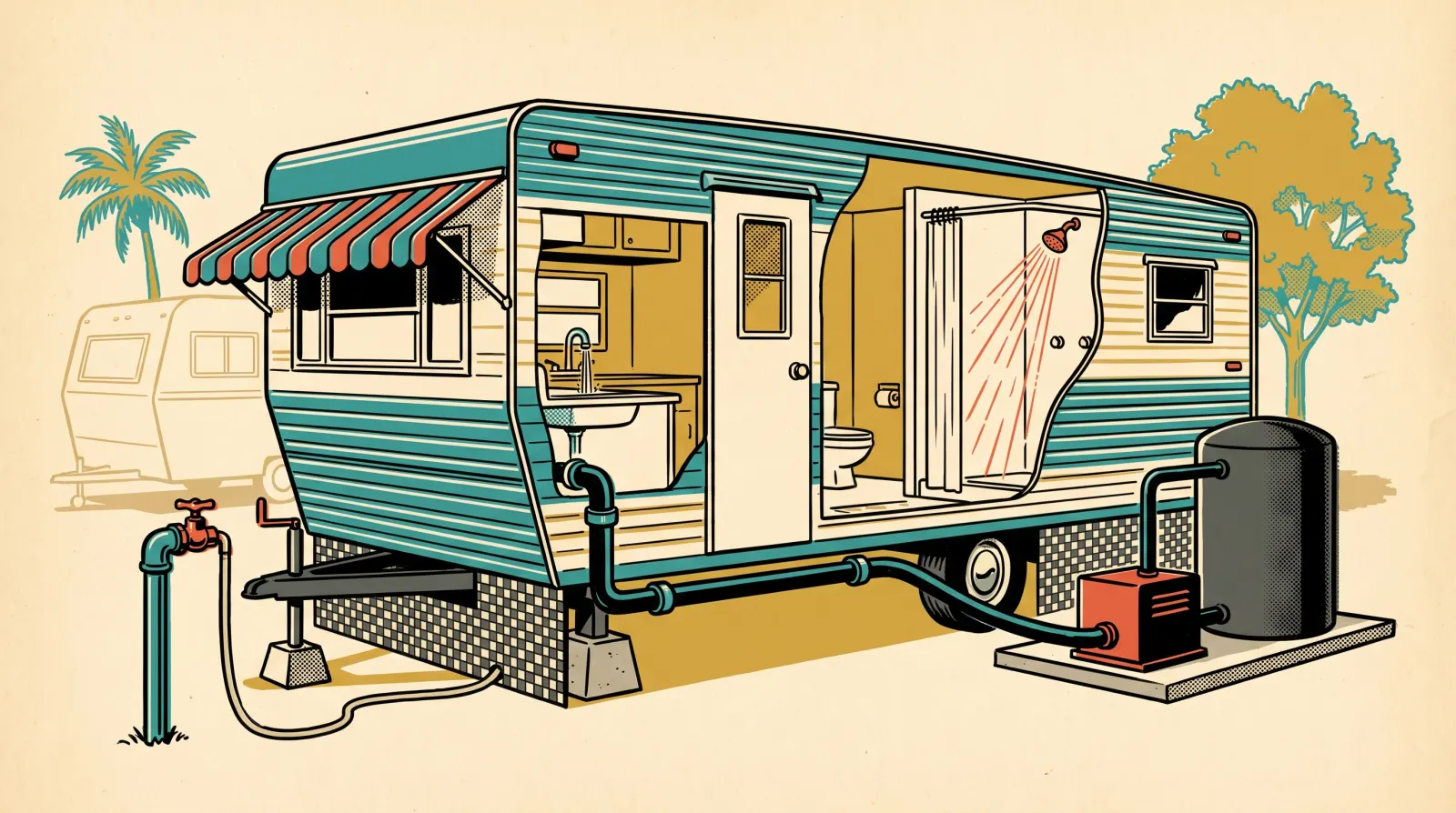 Cutaway drawing of a single-wide mobile home with a striped awning. At the front, the park's water riser and tap. A pipe runs to the back of the home, where a dark storage tank stands on a concrete pad beside a small pump. Inside the home, a shower runs at full spray and the kitchen tap is on.